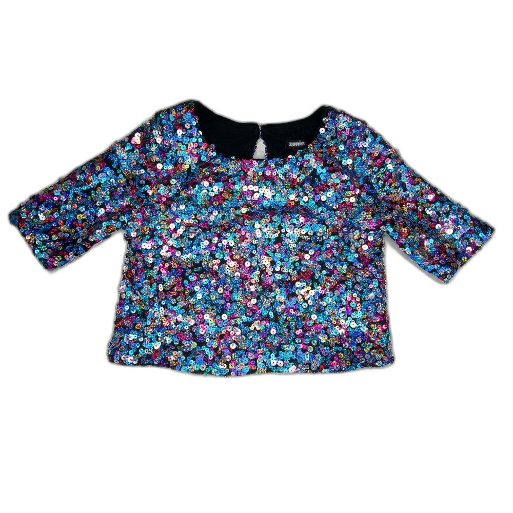 Zunie Girls Sequin Top Half Sleeve Crop Black Blue Pink Silver Purple Size 6